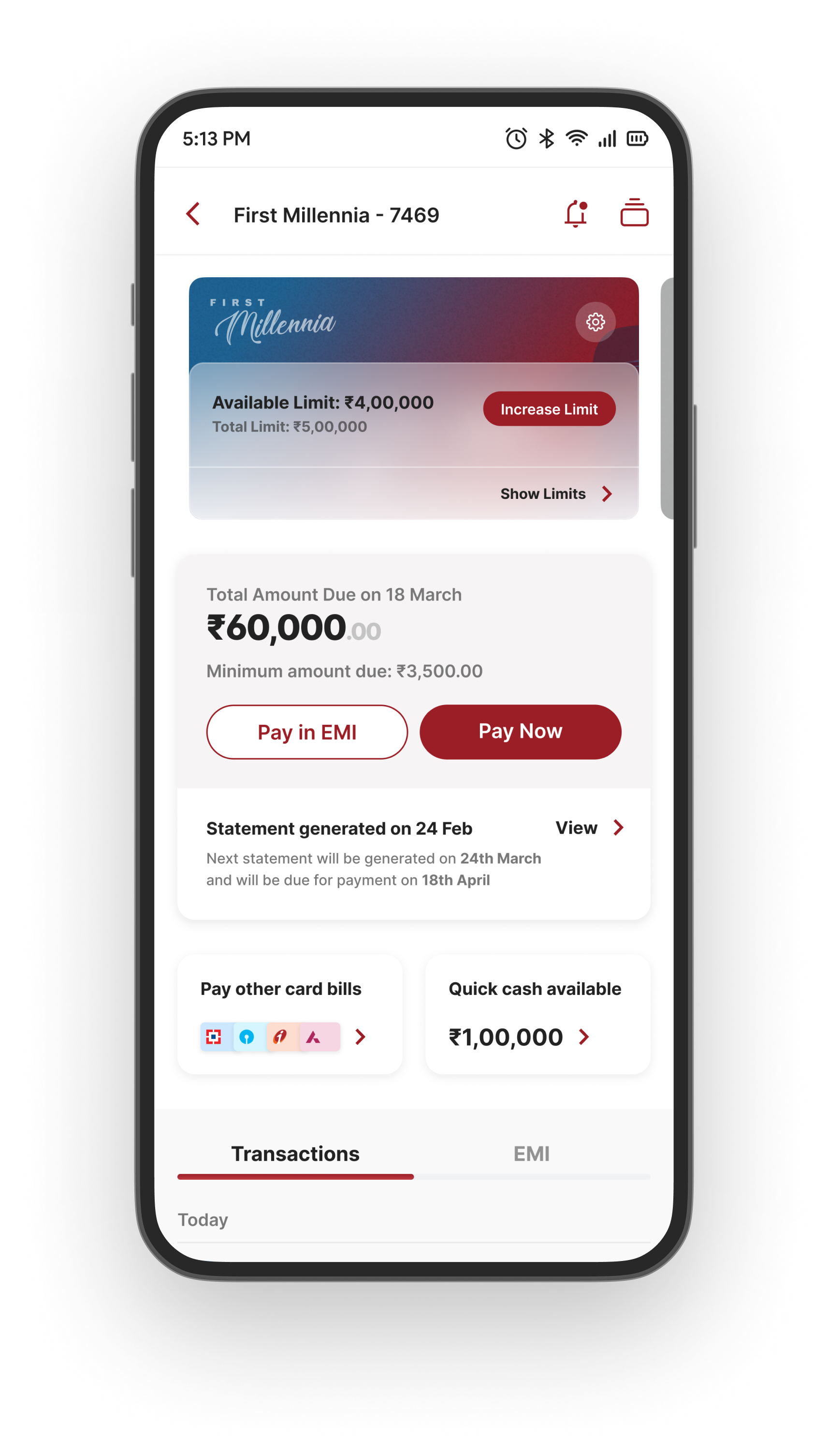 Mobile interface screenshot of the IDFC FIRST Bank Credit Card Dashboard
